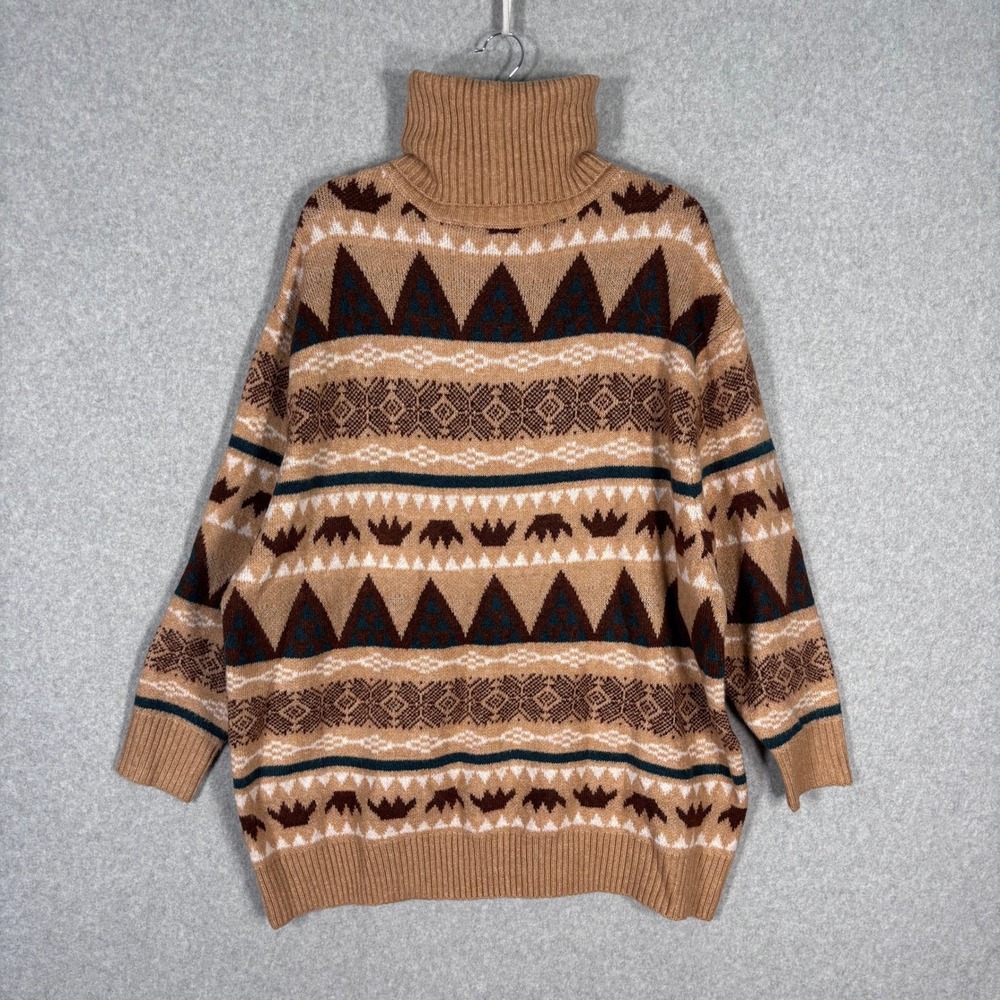 NEW Aztec Nordic‎ Fair Isle Turtleneck Sweater Small Tan Brown Comfy Soft Cozy
